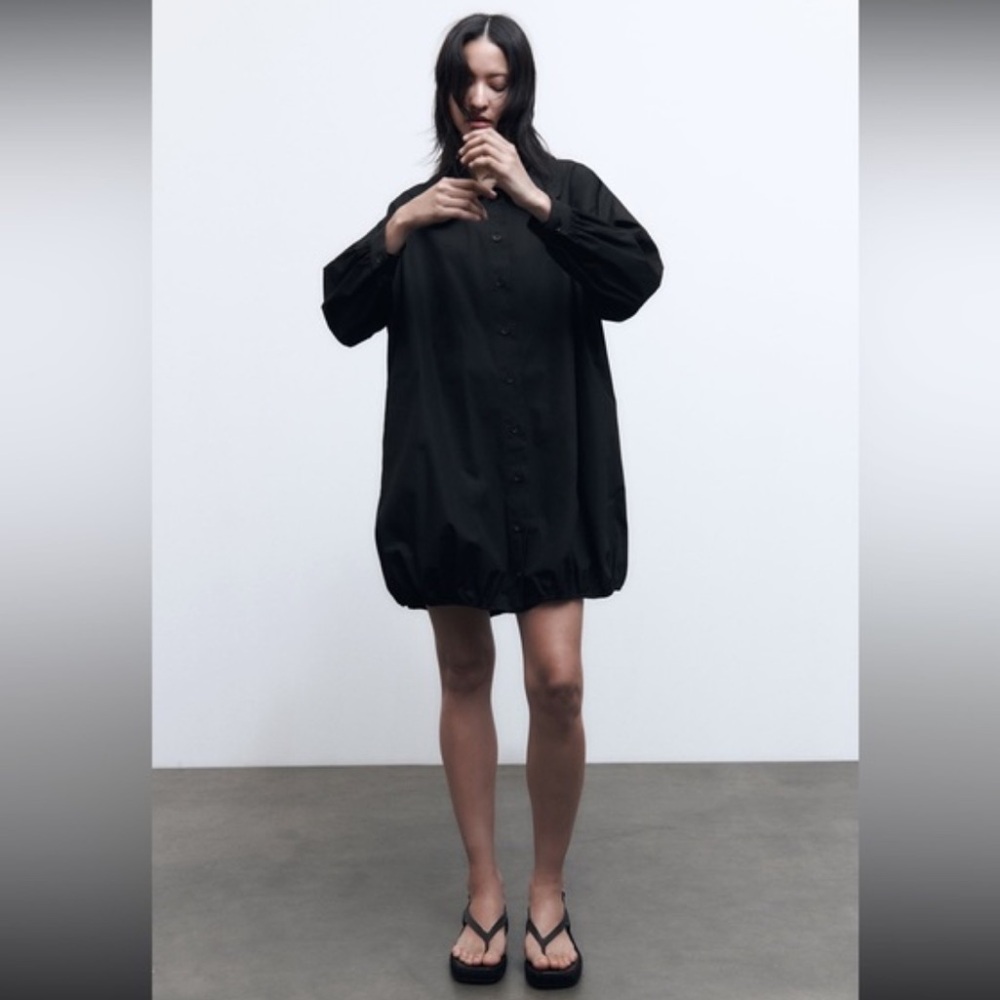Zara Big Collar Poplin Bubble Hem Dress in Black W2163 Sz S